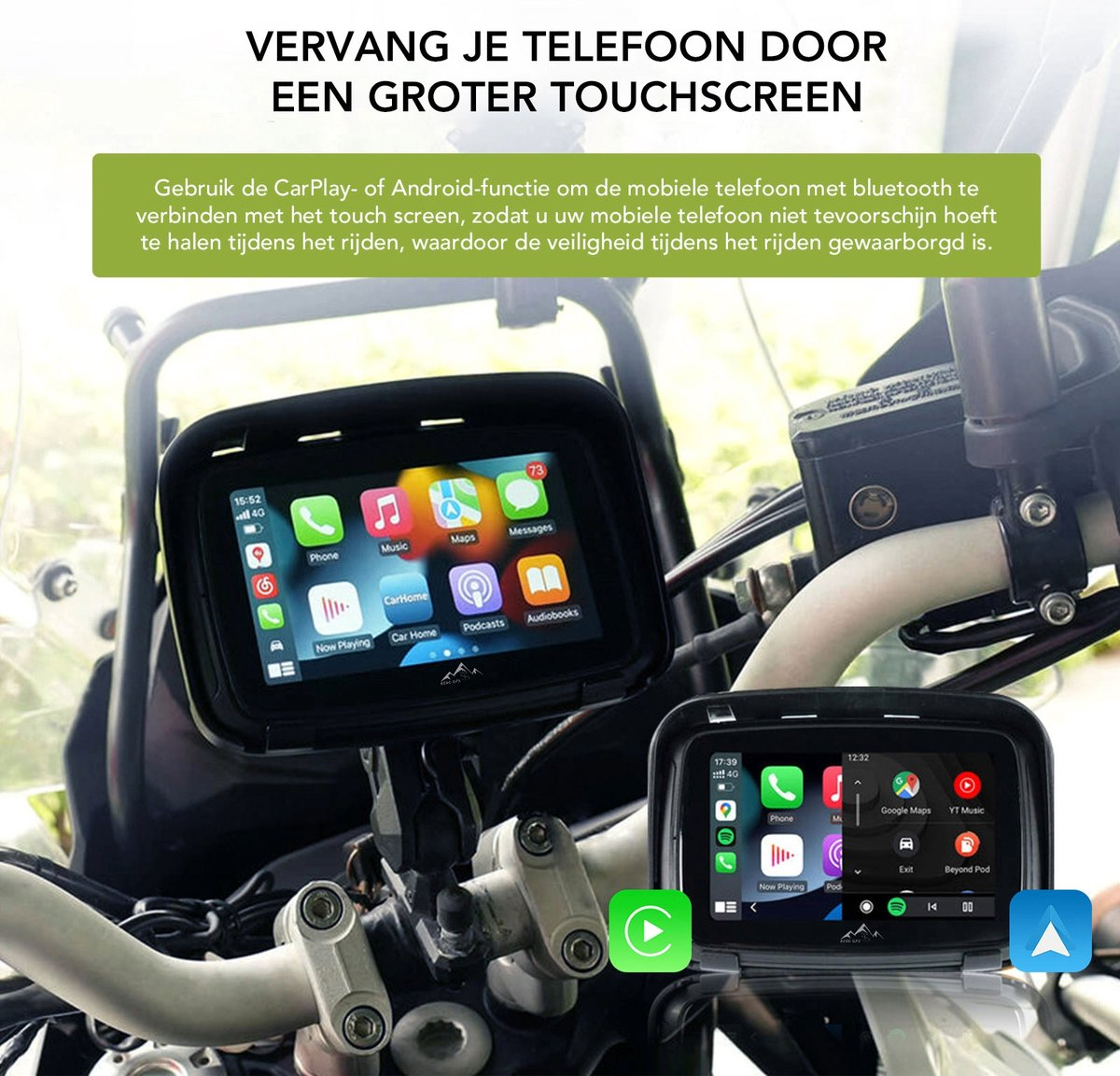 Two motorcycle touchscreens showing smartphone integration with CarPlay/Android Auto.