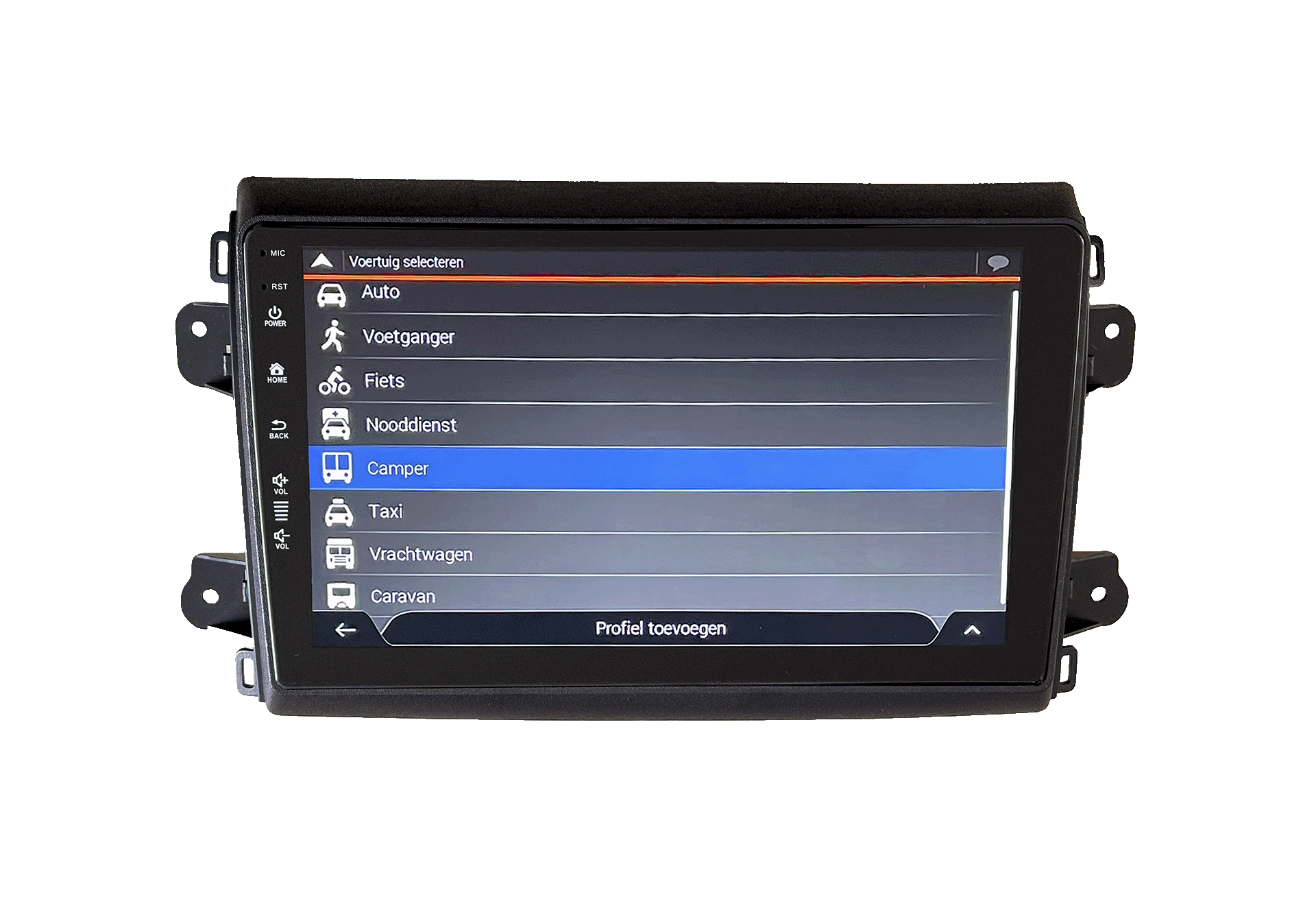 Navigation device shows vehicle selection: Car, Pedestrian, Bicycle, Camper, Taxi, Truck, Caravan.