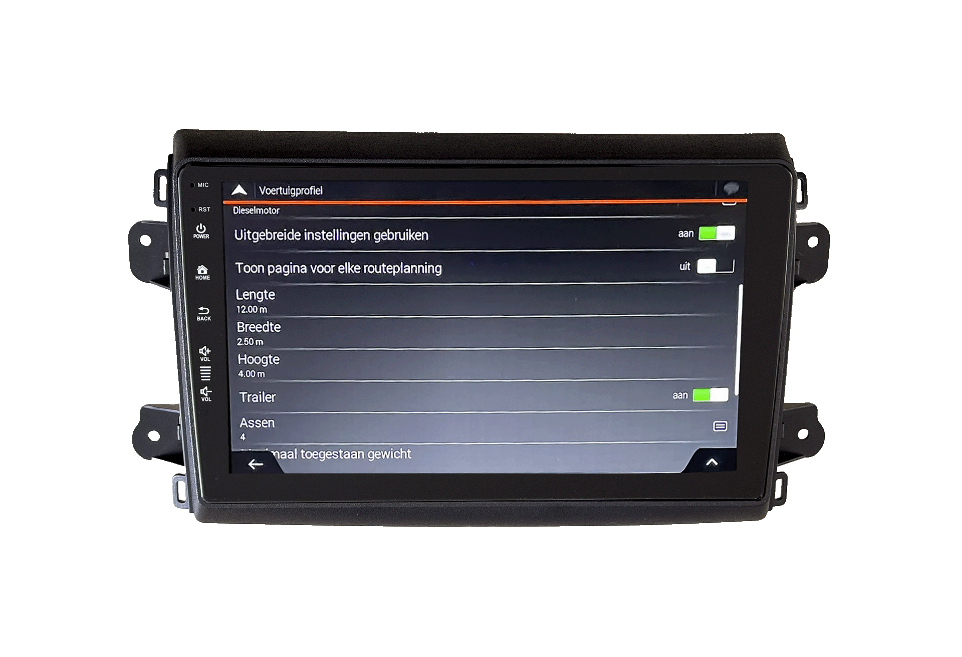 A navigation screen shows vehicle settings like length, width, and height.
