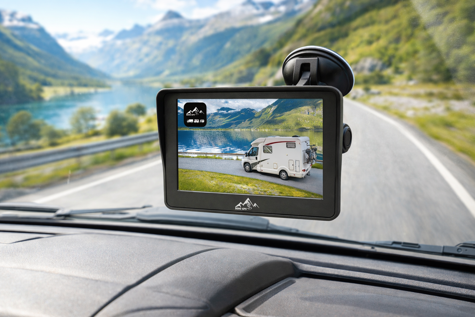 GPS device shows RV by mountain lake with mountains in background.
