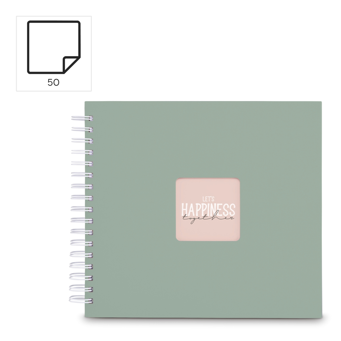 Zielony album bindowany spiralą z napisem „Let's Happiness Together”.