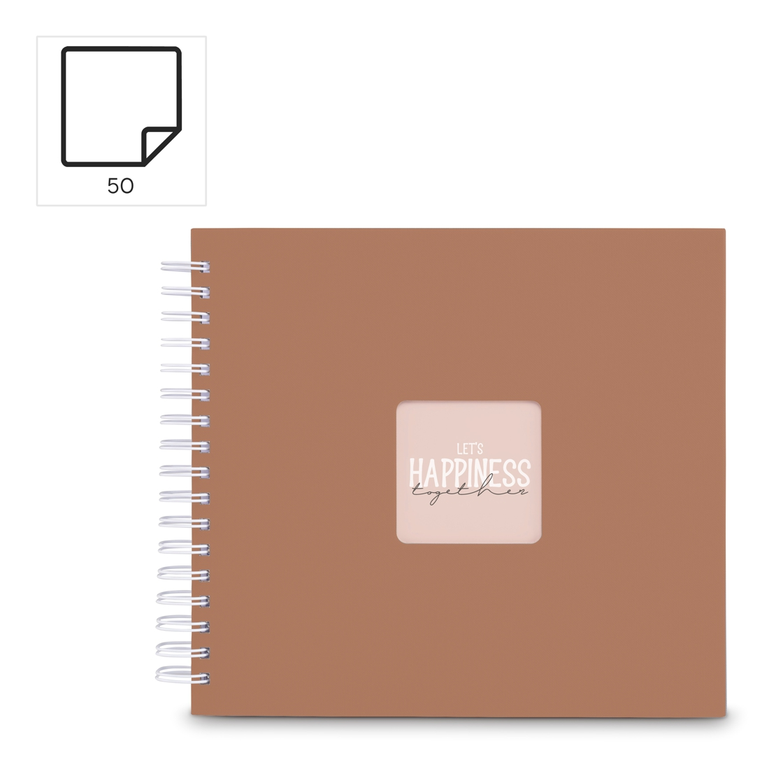 Brązowy notatnik spiralny z napisem 'Let's Happiness Together'.
