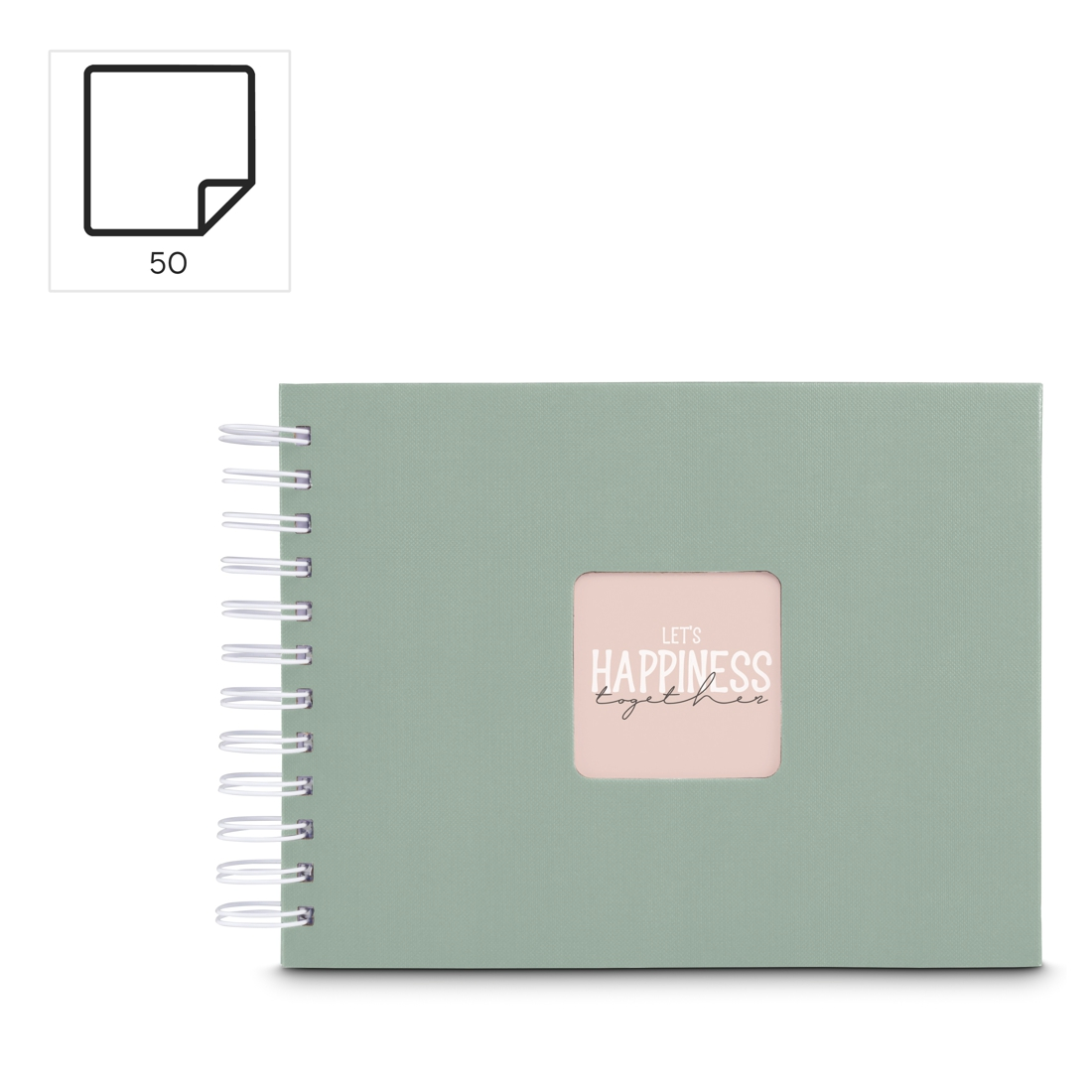 Zielony album na kółkach z napisem „Let's Happiness Together”.