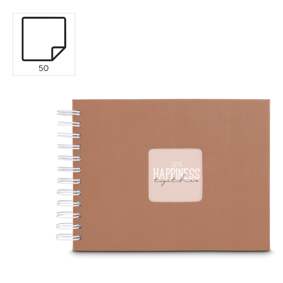Brązowa okładka albumu na spirali z napisem „LET'S HAPPINESS TOGETHER”.