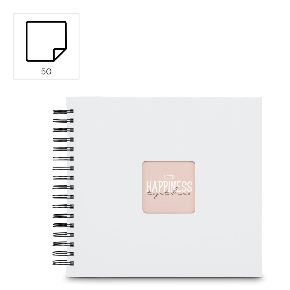 Biały notatnik bindowany spiralą z napisem „Let's Happiness Together”.