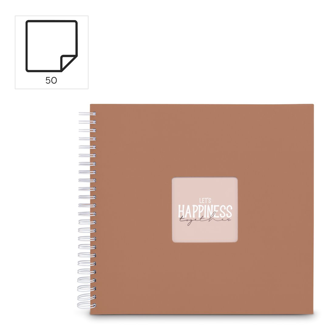 Brązowy notatnik bindowany spiralą z napisem „Let's Happiness Together”.