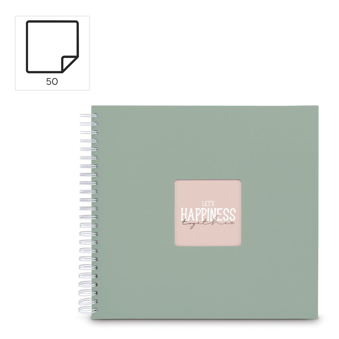 Zielony album z napisem 'Let's Happiness Together' w oknie. Ikona dla 50 stron.