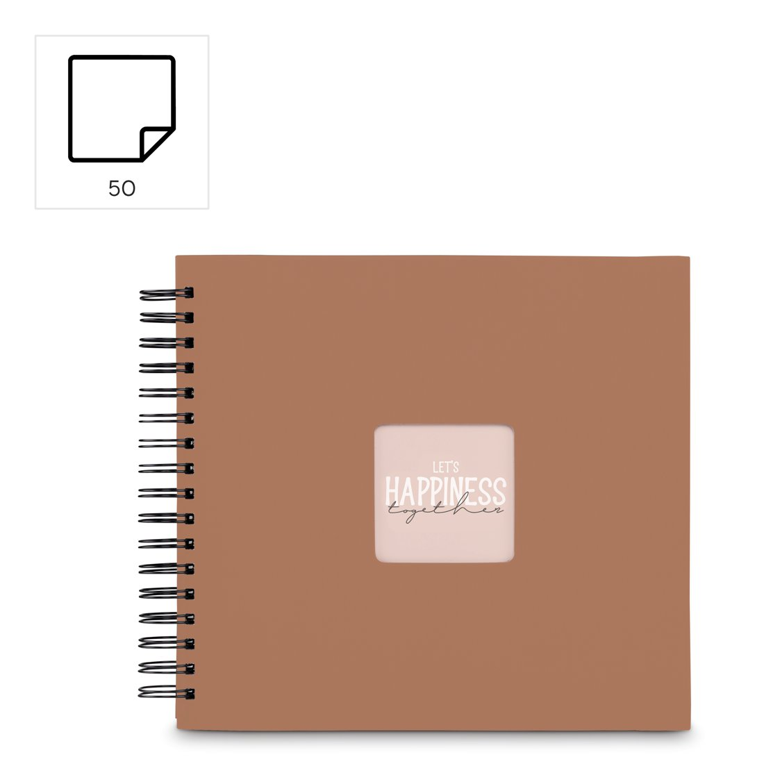 Brązowy notatnik bindowany spiralą z wycięciem z napisem „Let's Happiness Together”.
