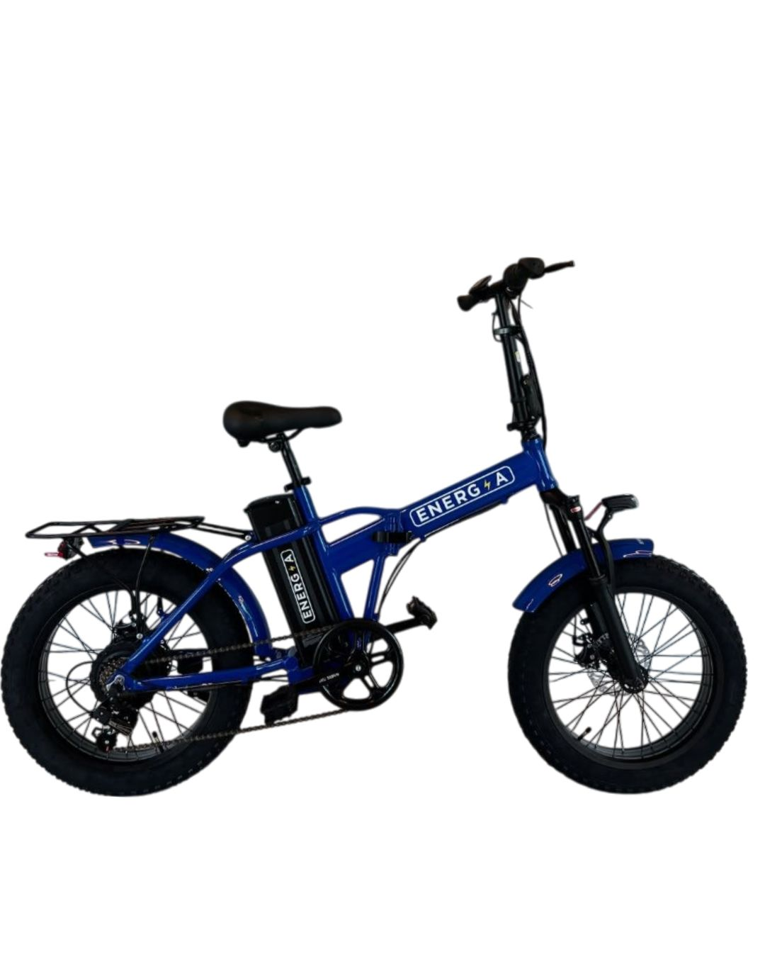 Una bicicletta elettrica pieghevole blu con pneumatici larghi e portapacchi.
