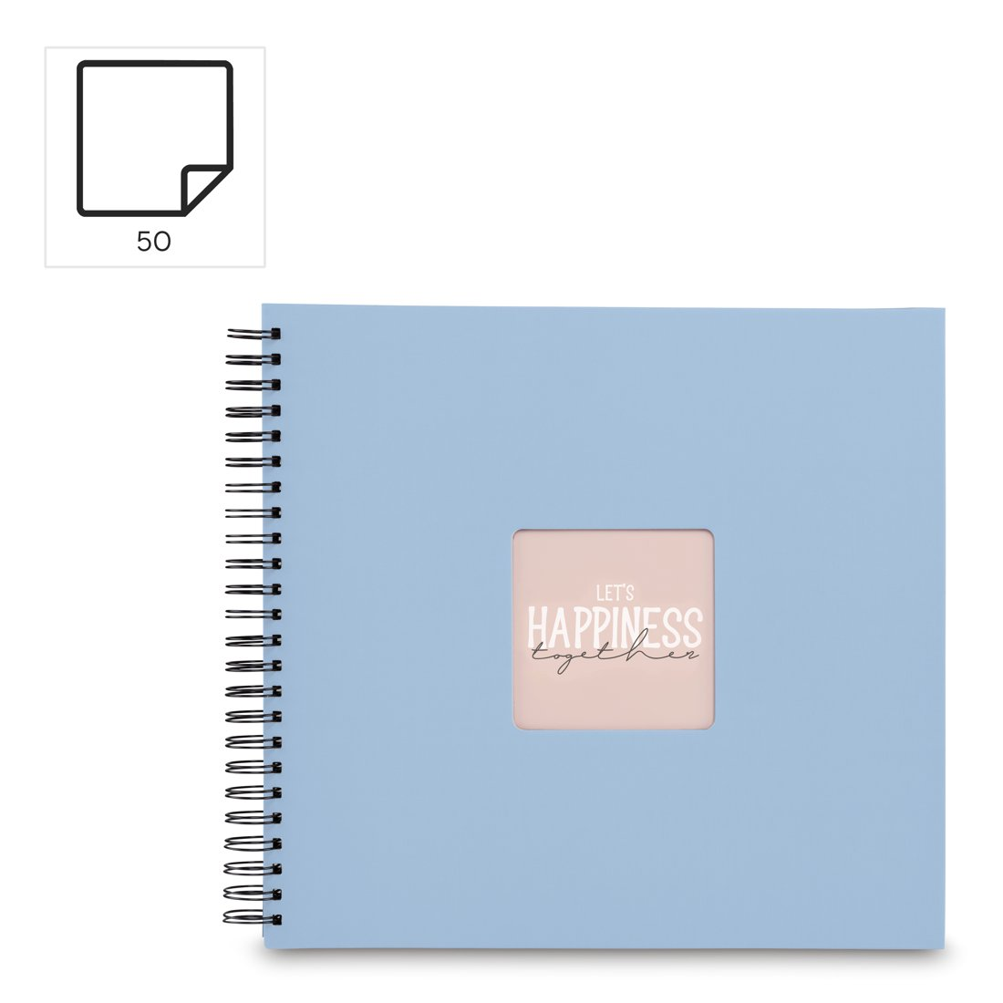 Jasnoniebieski notatnik b spiralą i napisem "Let's Happiness Together".