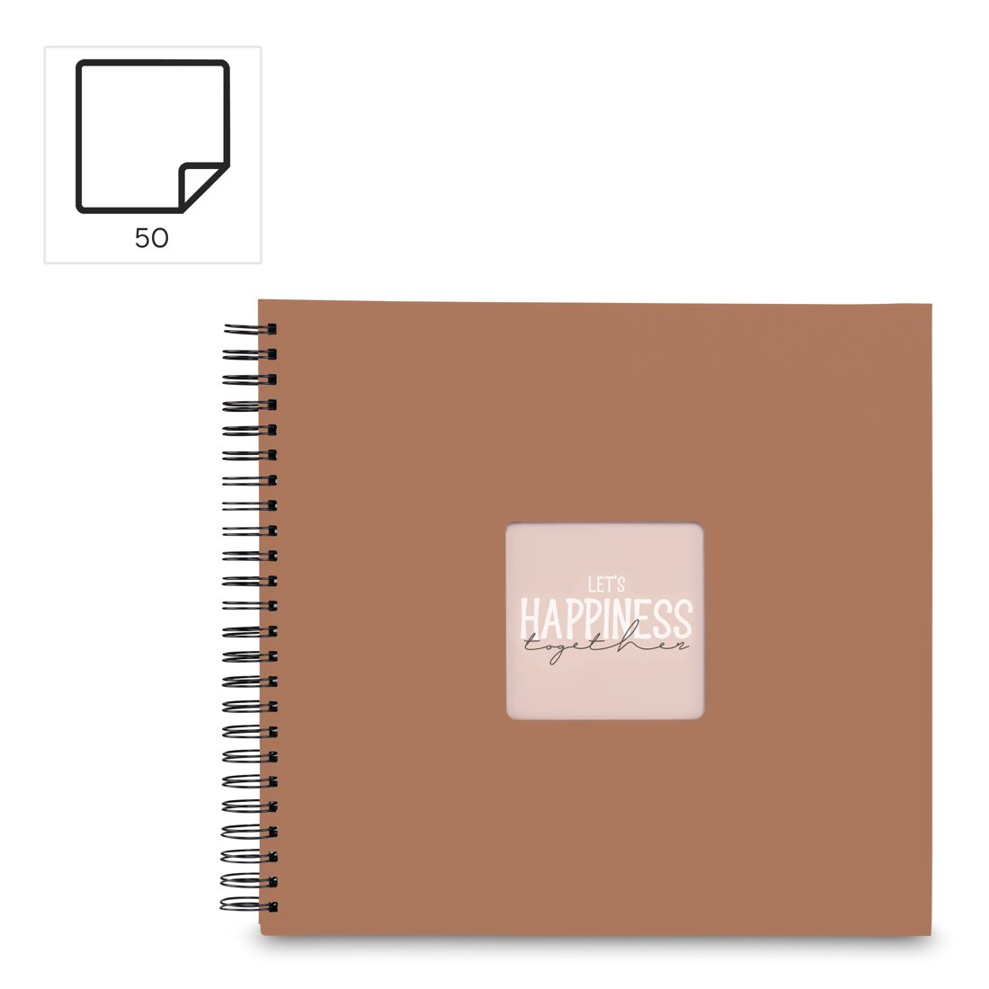 Brązowy notes spiralny z napisem „LET'S HAPPINESS TOGETHER” na okładce.