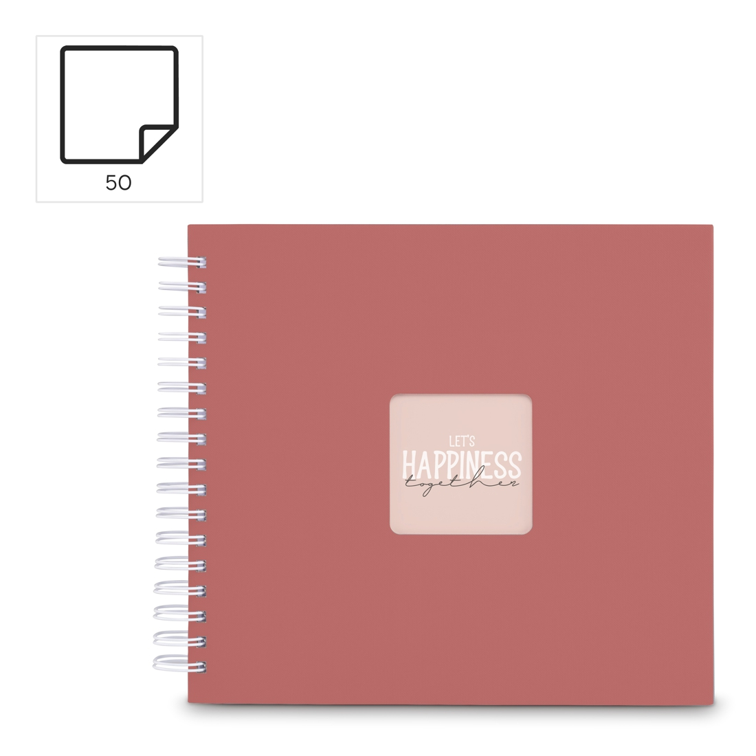 Czerwona okładka ze spiralą i napisem 'LET'S HAPPINESS TOGETHER'.
