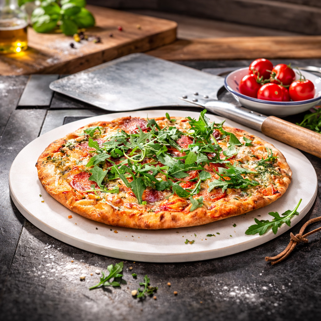 Eine Pizza mit Salami und Rucola auf einem Stein, daneben Tomaten.