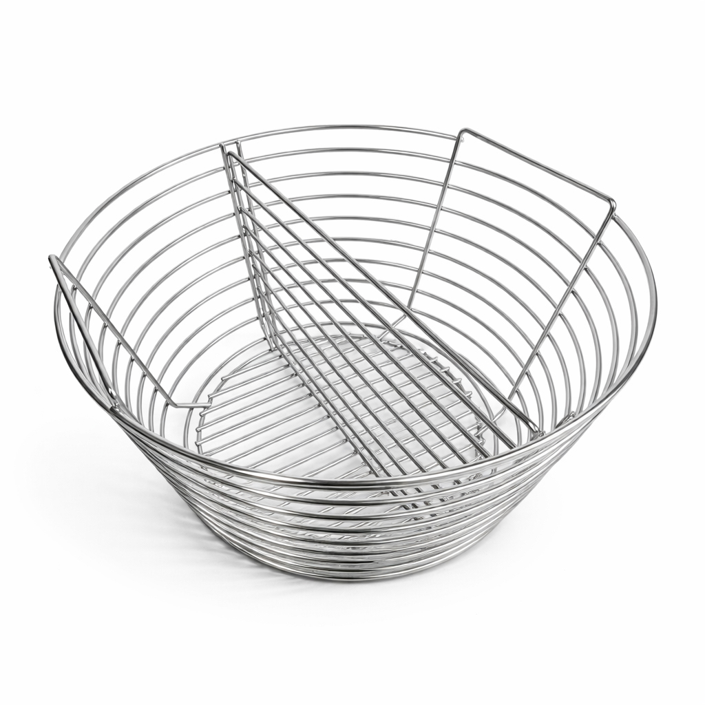 A round, divided metal wire basket sits on a white background.