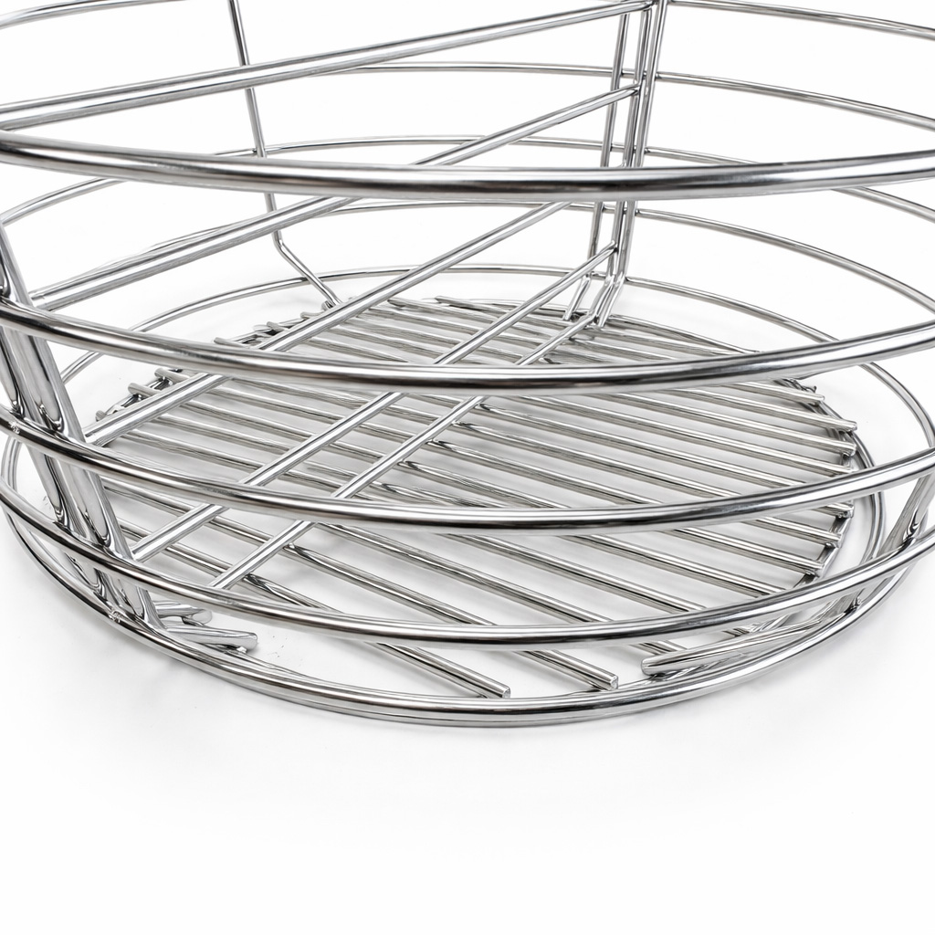 Silver metal basket with a slatted base against a white background.