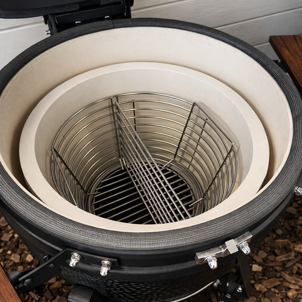 Close-up of a ceramic grill's interior with a rack and insert.