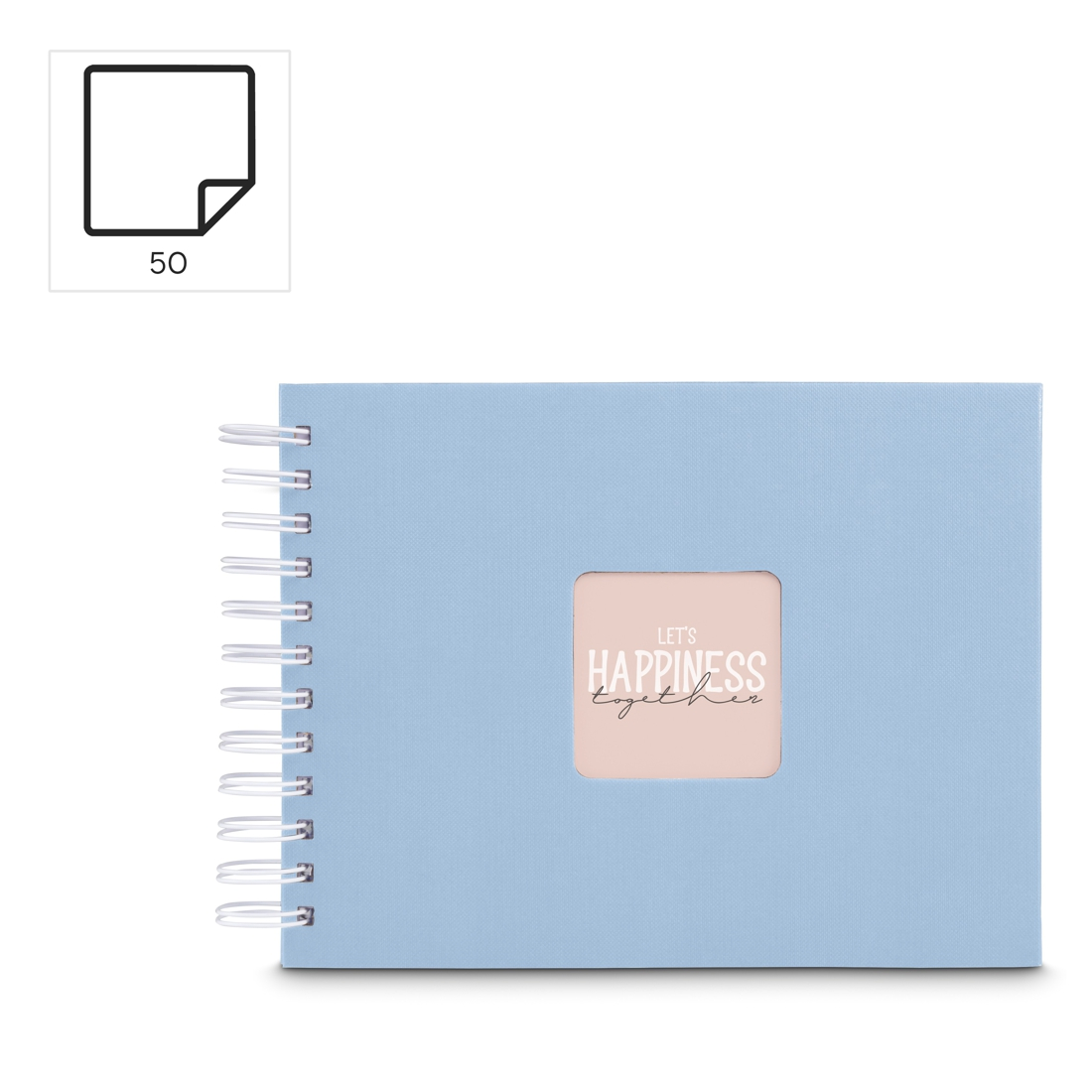 Jasnoniebieski album na zdjęcia w oprawie spiralnej z oknem i napisem.