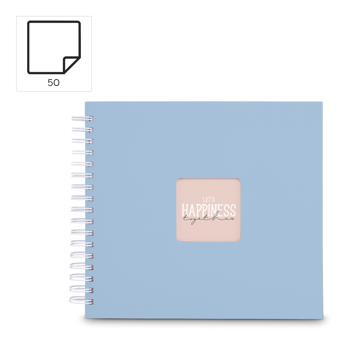 Jasnoniebieski notes bindowany spiralą z okienkiem z napisem 'Szczęście'.