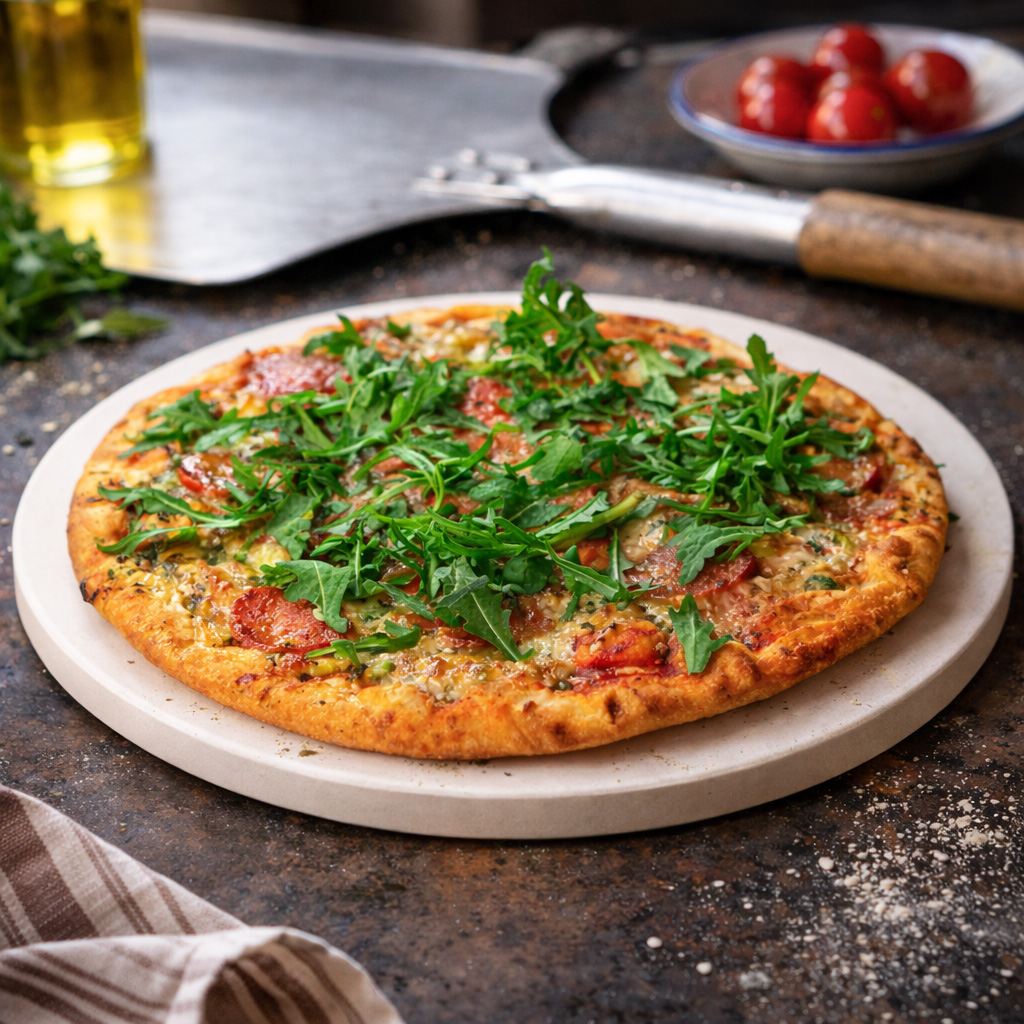 Eine Pizza mit Rucola und Tomaten auf einem Stein, daneben Olivenöl und Kirschtomaten.