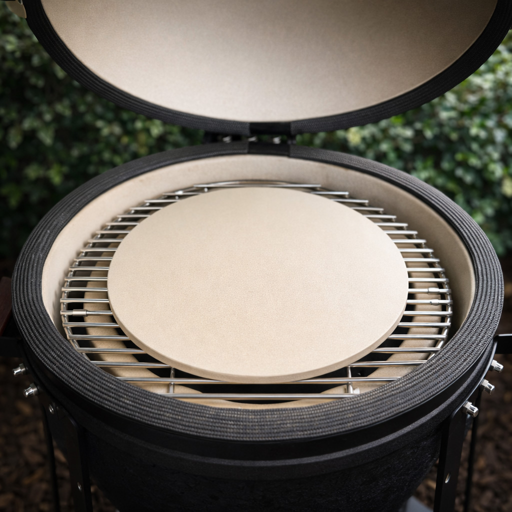 Ein runder Pizzastein liegt auf einem Grillrost in einem offenen schwarzen Keramikgrill.