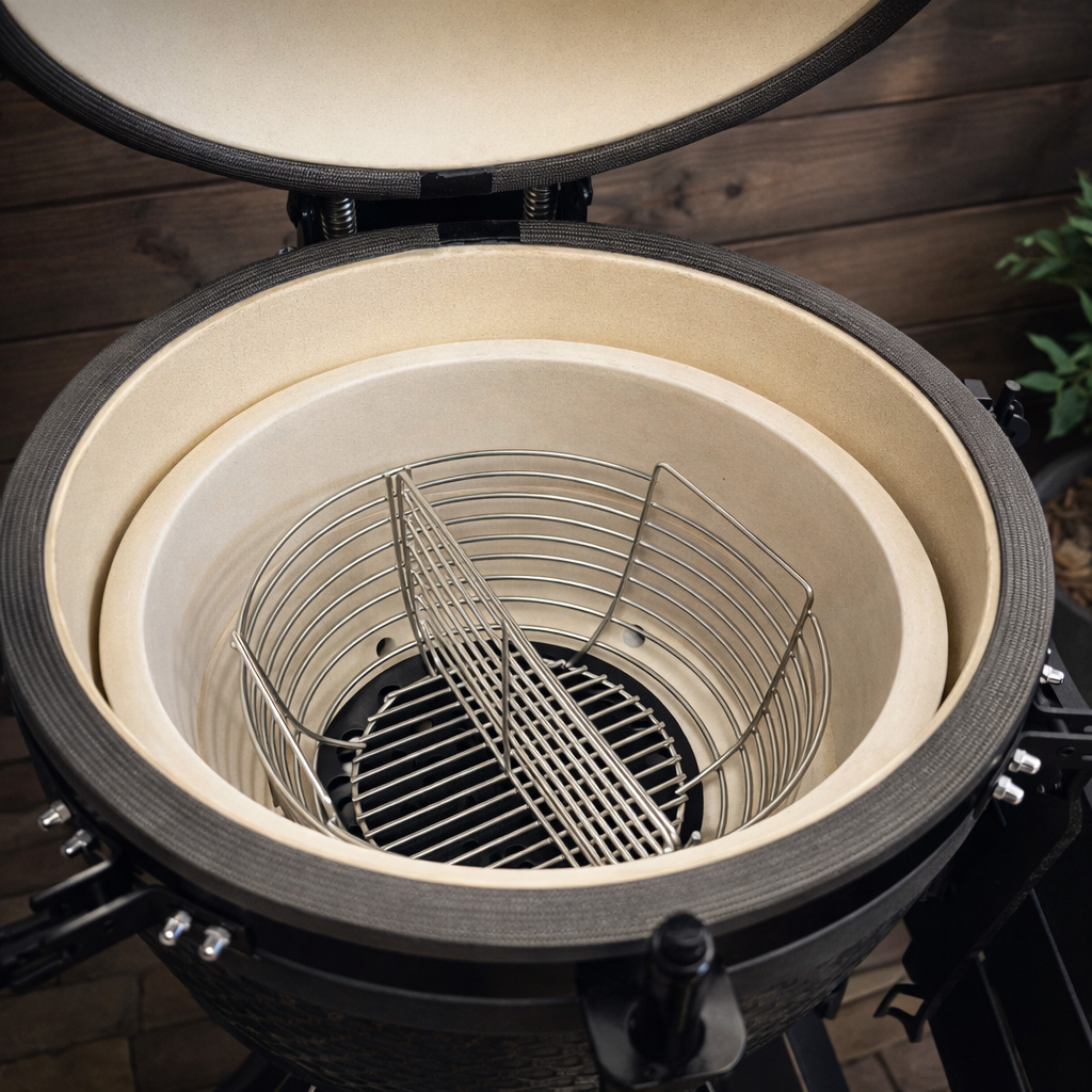 Ceramic grill with open lid, metal grate, and rack inside.