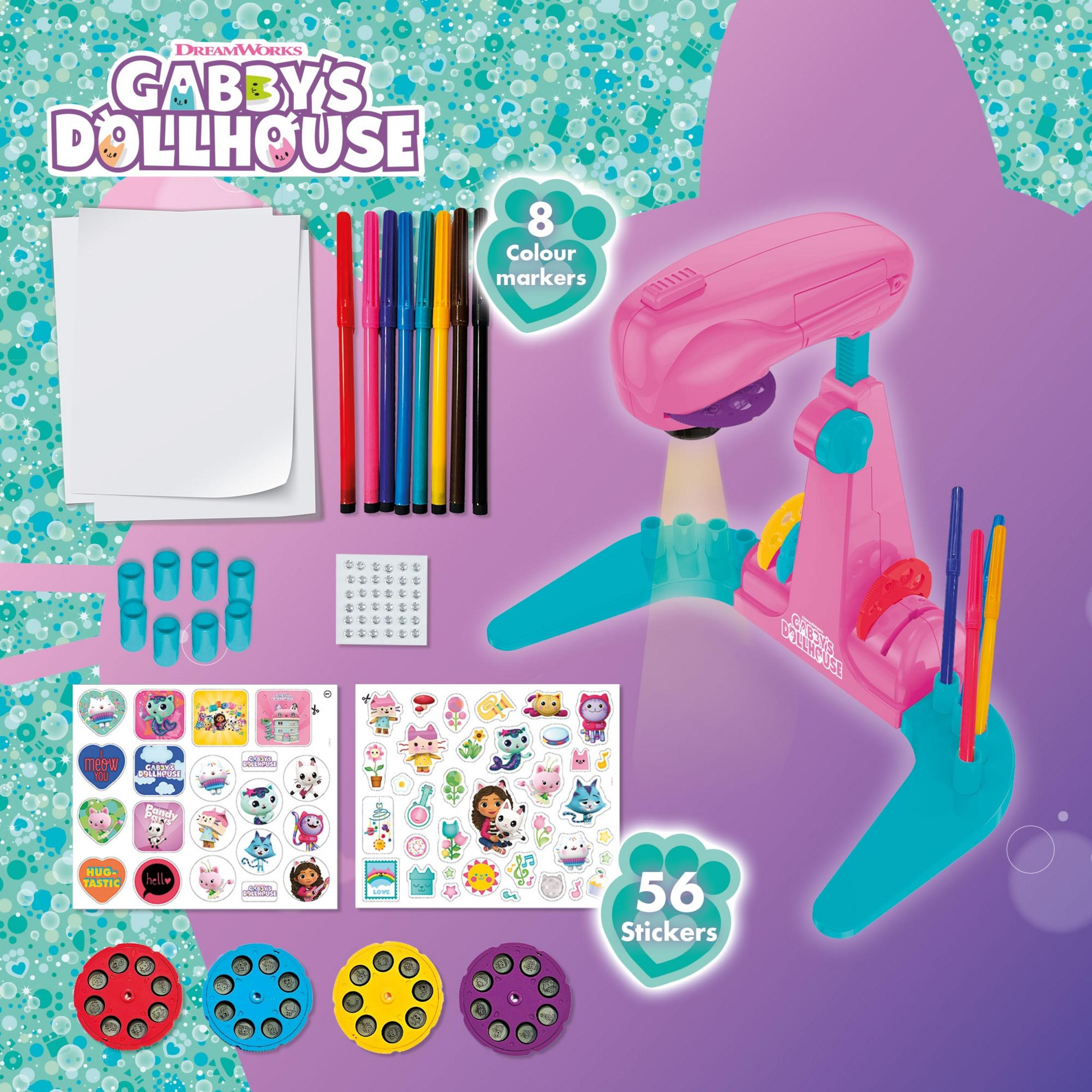 Zestaw artystyczny Gabby's Dollhouse z projektorem, markerami, naklejkami i papierem.
