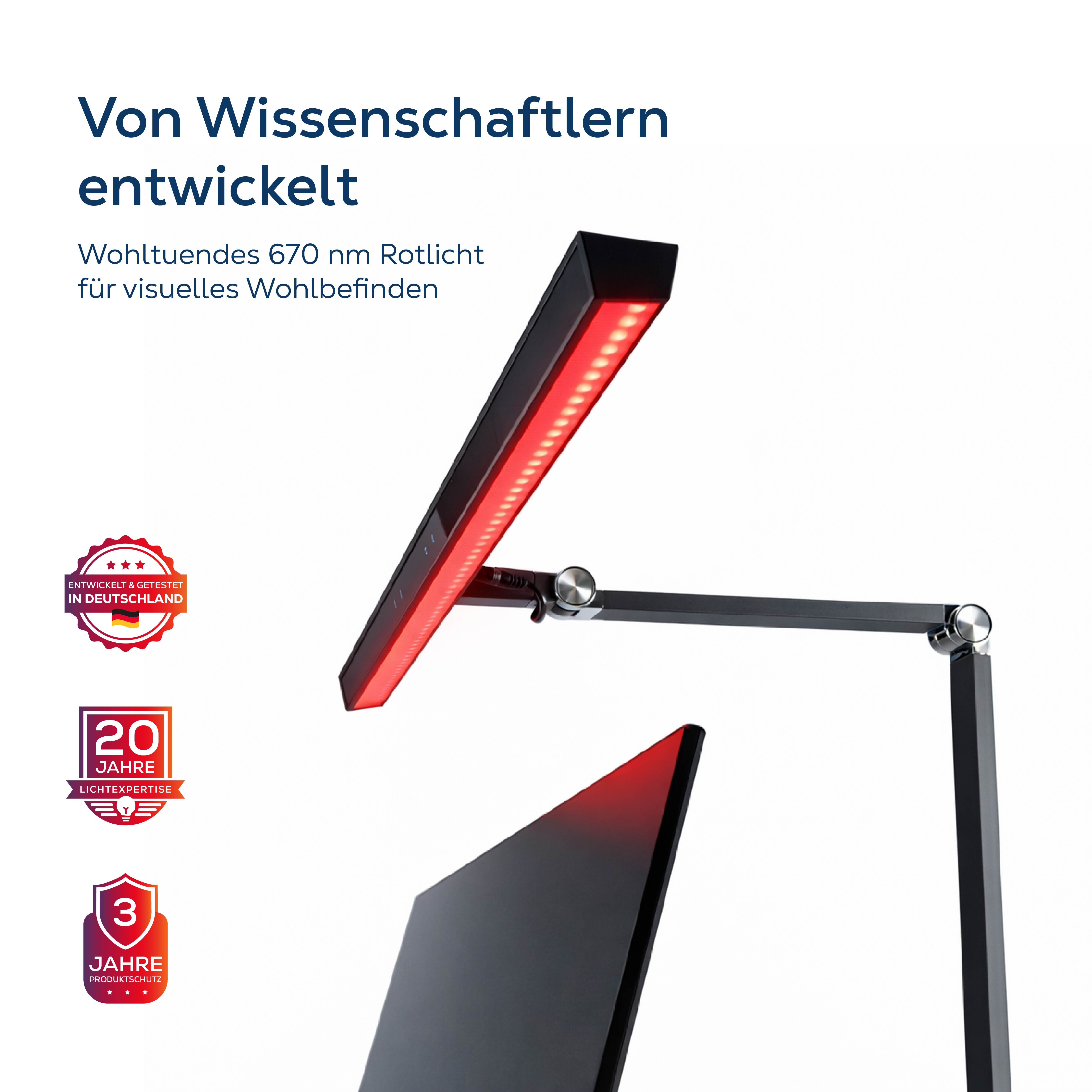 Ein schwarzer Arm mit rotem LED-Licht, entwickelt in Deutschland.