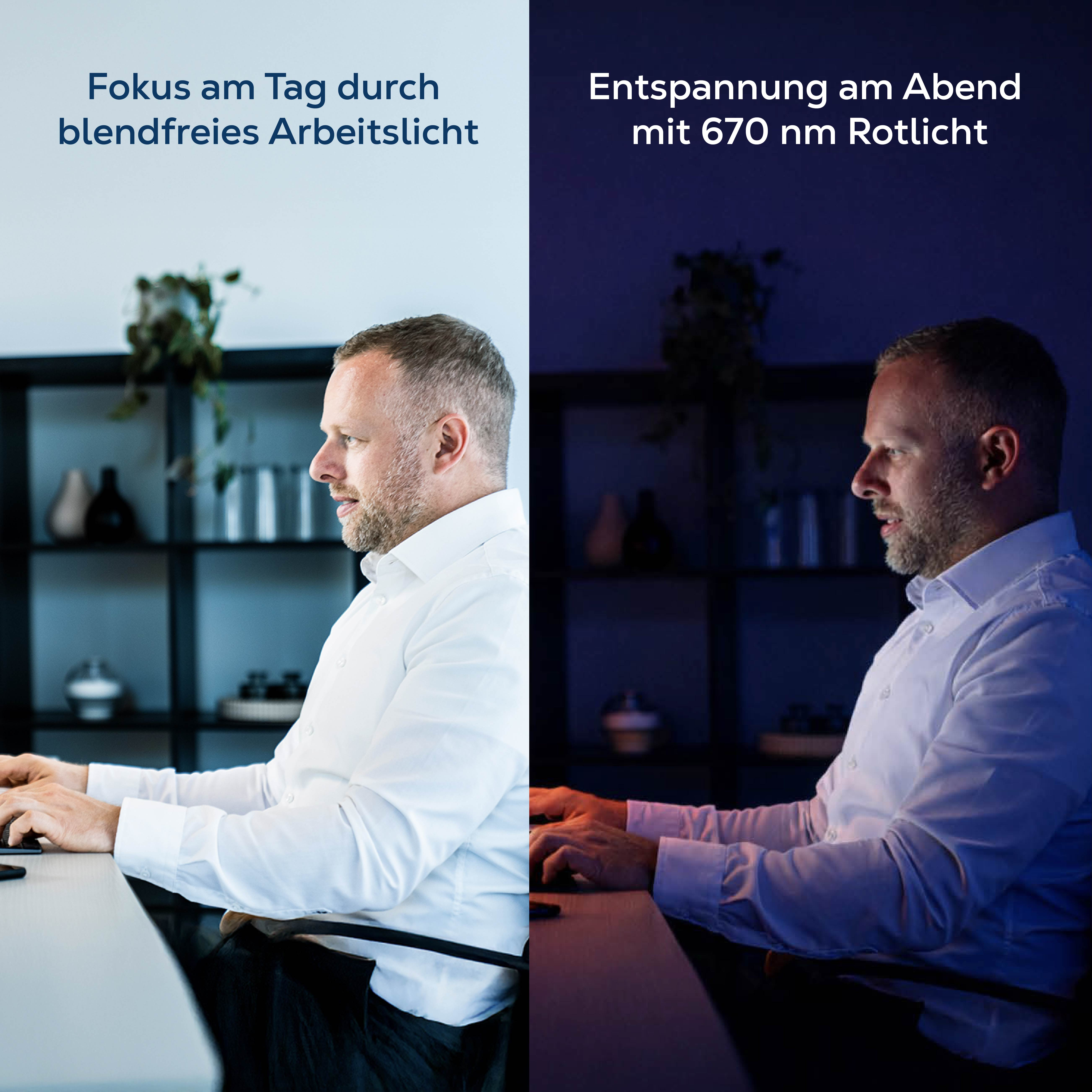 Mann am Schreibtisch im Tag- und Nachtmodus.