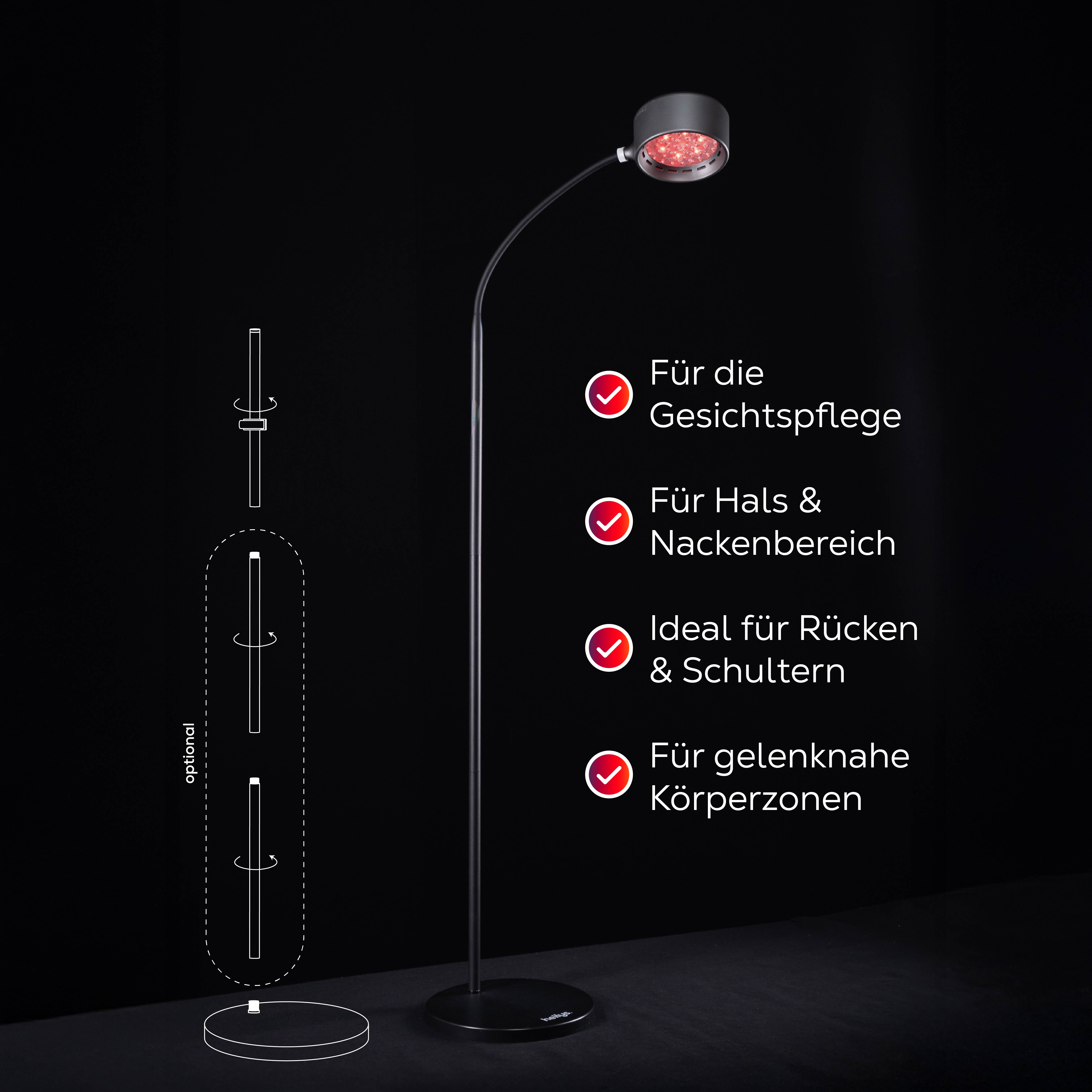 Ein schwarzer Stehlampe mit rotem Lichtkopf, ideal für Gesicht, Hals, Rücken.