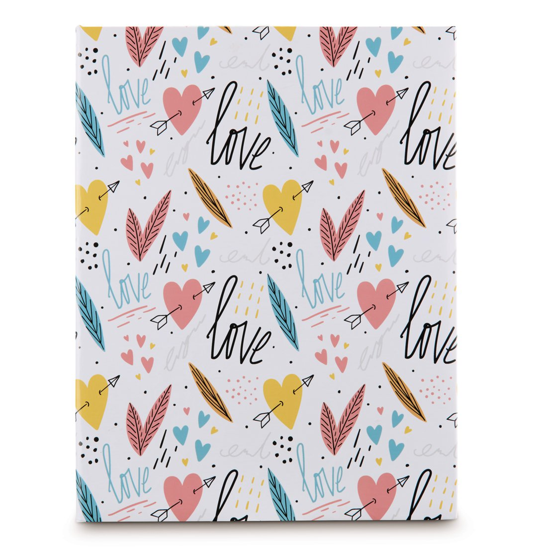 Papier do pakowania prezentów z sercami, piórami i słowem 'miłość'.
