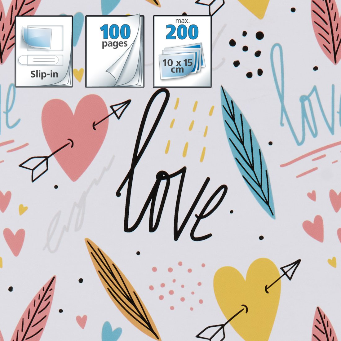 Tło z sercami, strzałkami, liśćmi i słowem "miłość".