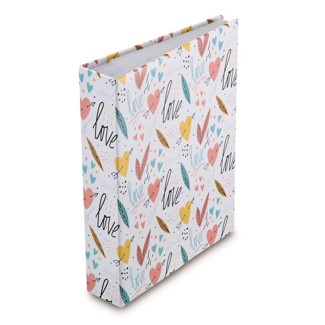 Biały segregator ze wzorem serc, piór i napisem „miłość”.