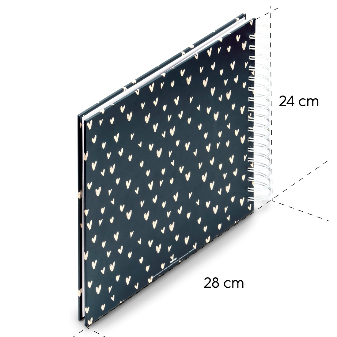 Ciemnoniebieski notes z małymi białymi serduszkami, 24x28 cm, spiralny.