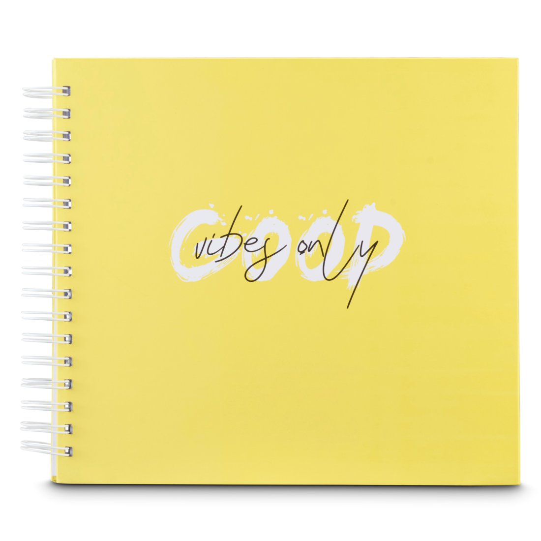 Żółty notatnik z białym napisem 'vibes only' i spiralną oprawą.