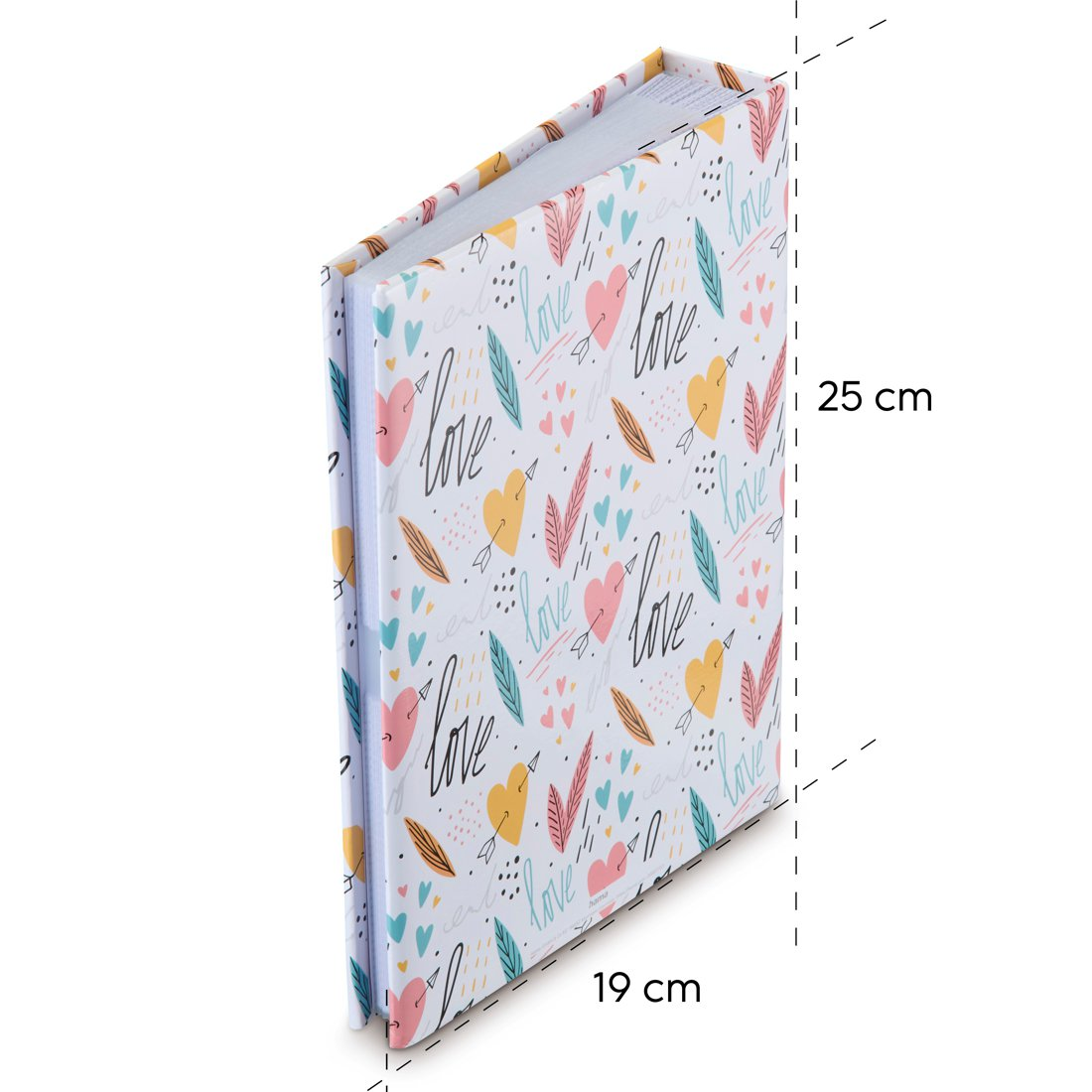 Biała książka w twardej oprawie z kolorowym wzorem serc i piór. Wymiary 25x19 cm.