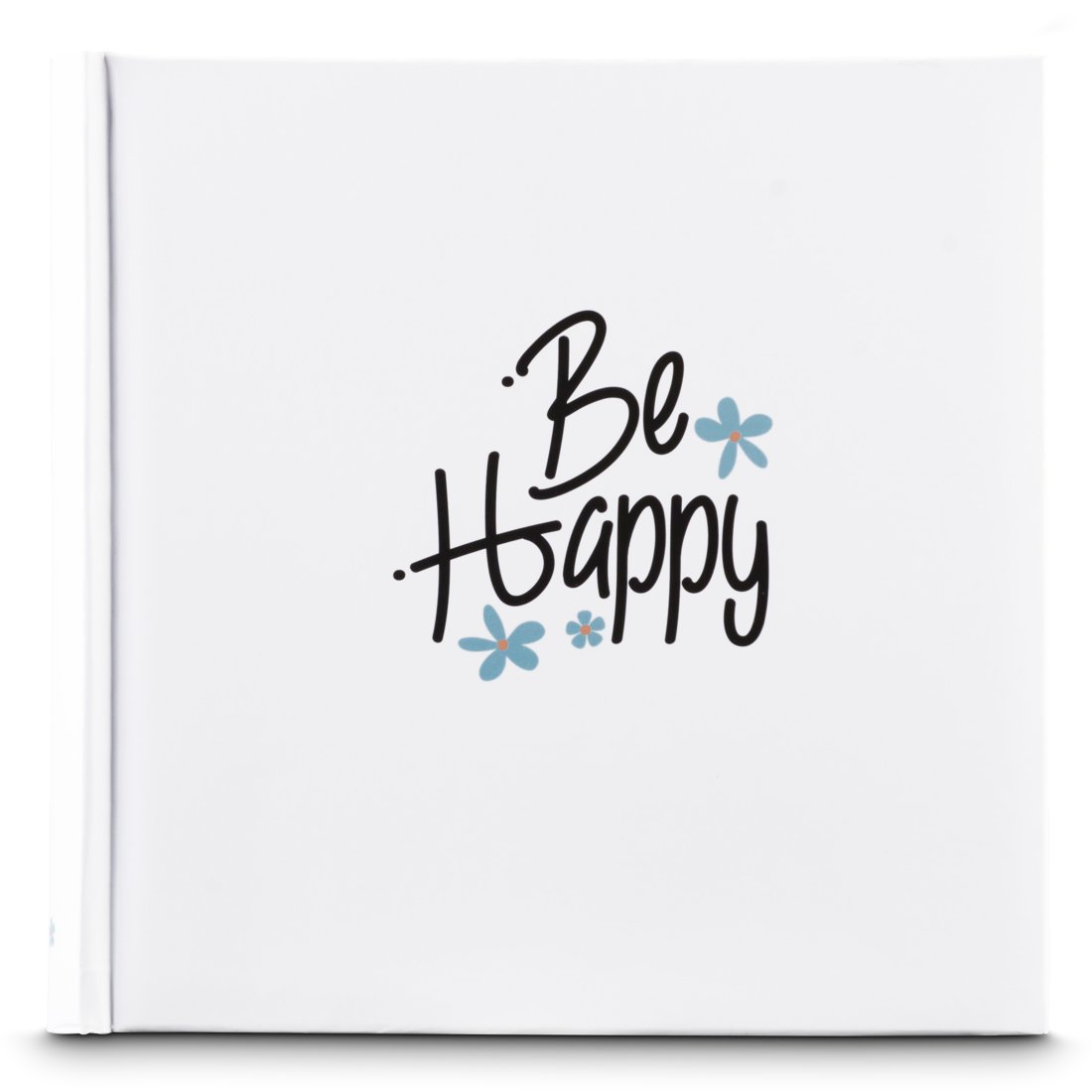 Biały notatnik z napisem „Be Happy” czarną czcionką.