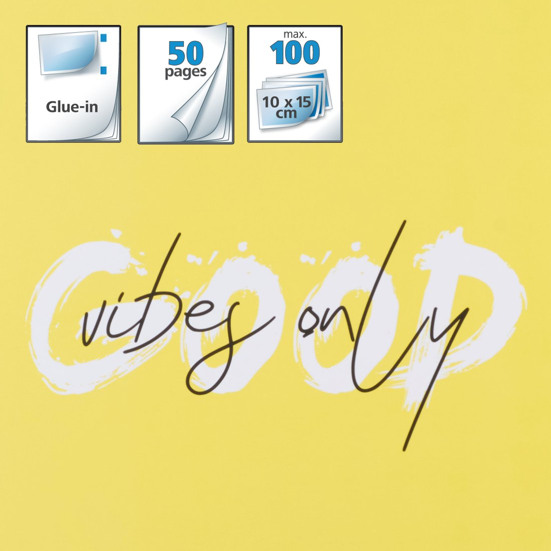 Trzy ikony: Do wklejenia, 50 stron, max. 100 szt. 10x15cm. Poniżej: "vibes only" białym pismem.