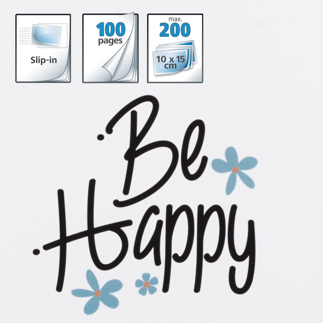 Napis 'Be Happy' pisanym pismem z małymi niebieskimi kwiatami.