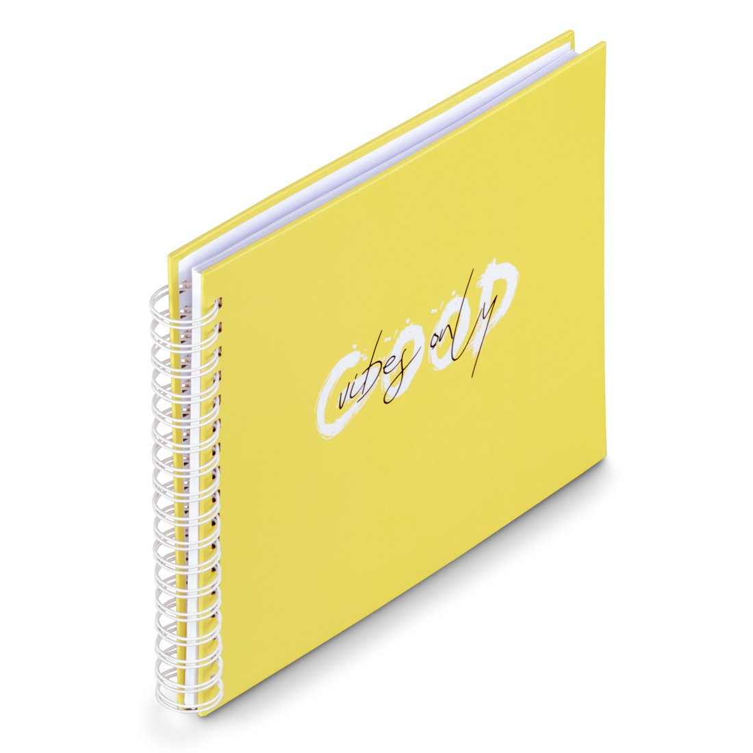 Żółty notatnik spiralny z napisem "vibes only".