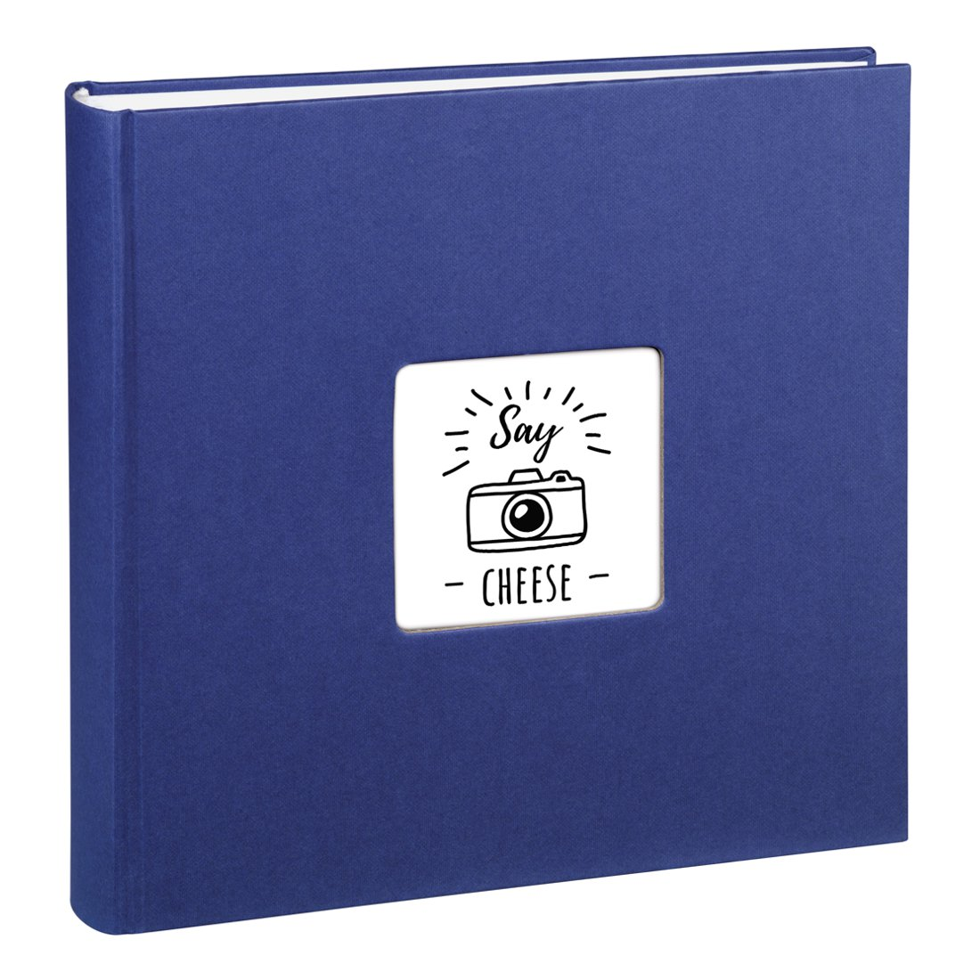 Niebieski album na zdjęcia z okienkiem prezentującym aparat i napis "Say Cheese".