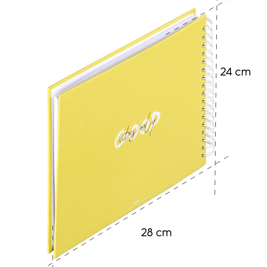 Żółty notatnik spiralny, 28x24cm, z białym napisem na okładce.