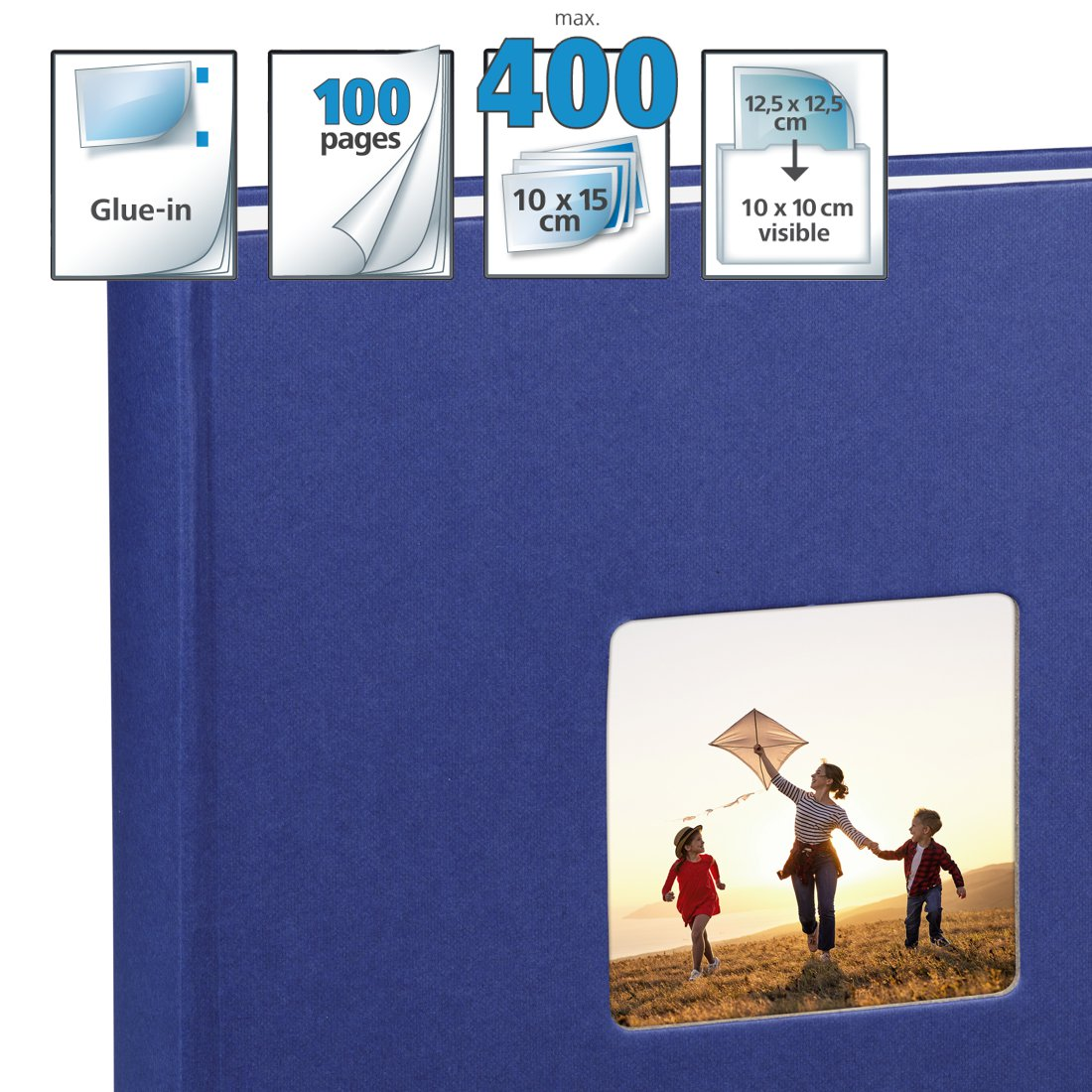 Niebieski album ze zdjęciem rodziny puszczającej latawiec. 100 stron, pojemność 400.