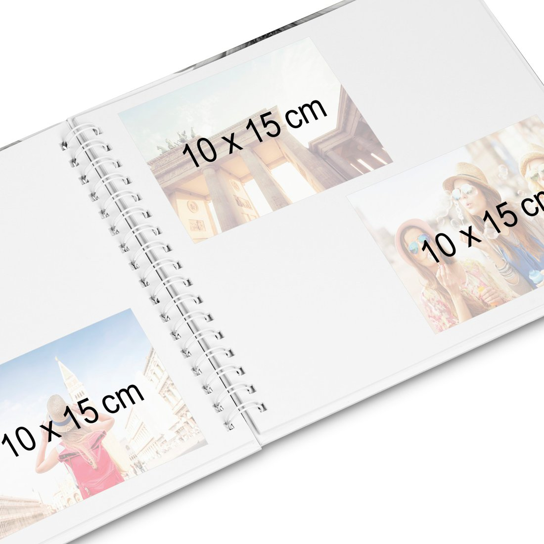 Otwarty notatnik z trzema zdjęciami: Brama Brandenburska, trzy przyjaciółki, Wenecja.