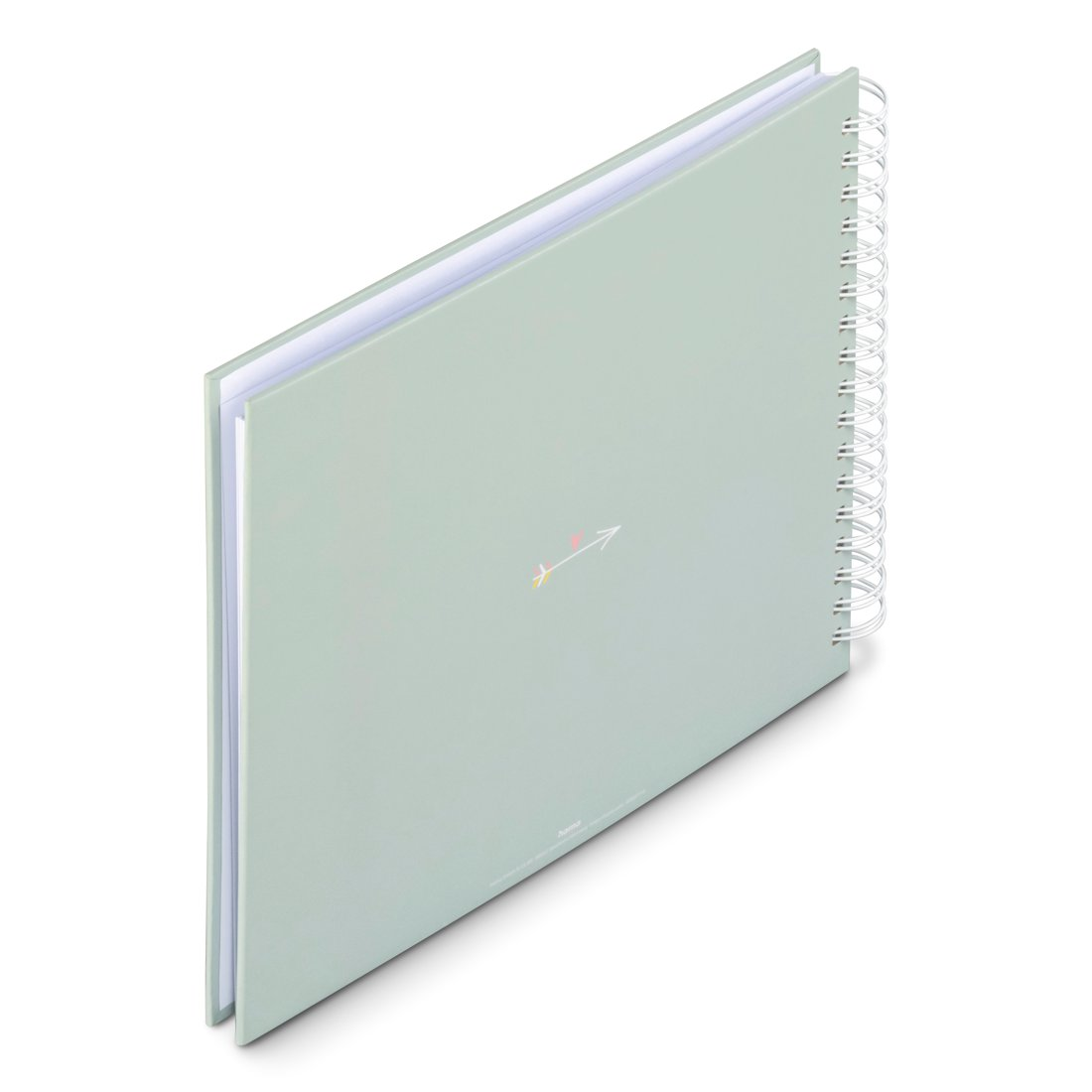 Jasnozielony notatnik ze wzorem strzałki, spiralnym grzbietem i białymi stronami.