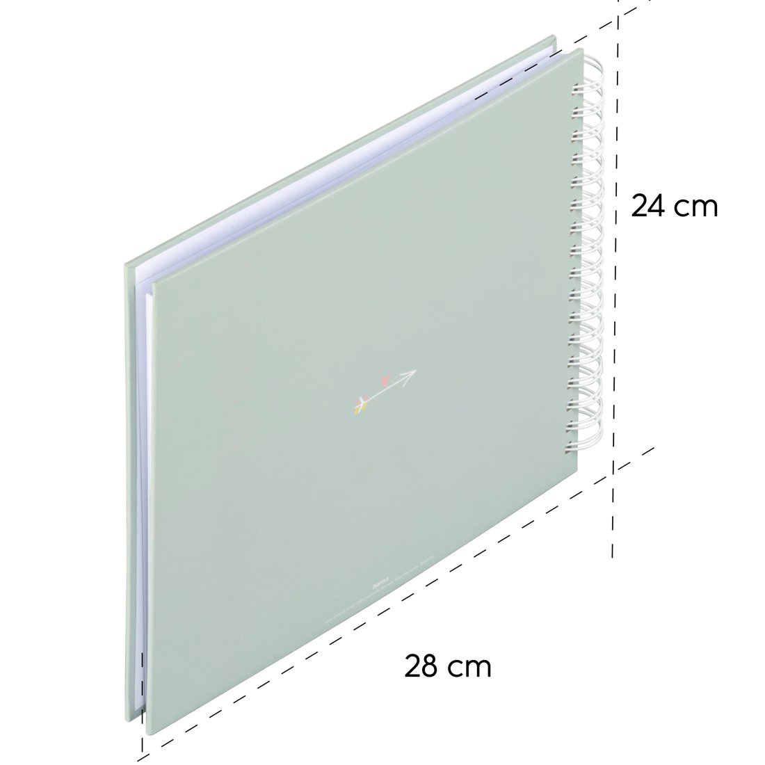 Jasnozielony notatnik spiralny, 28x24 cm, z grafiką strzałki.