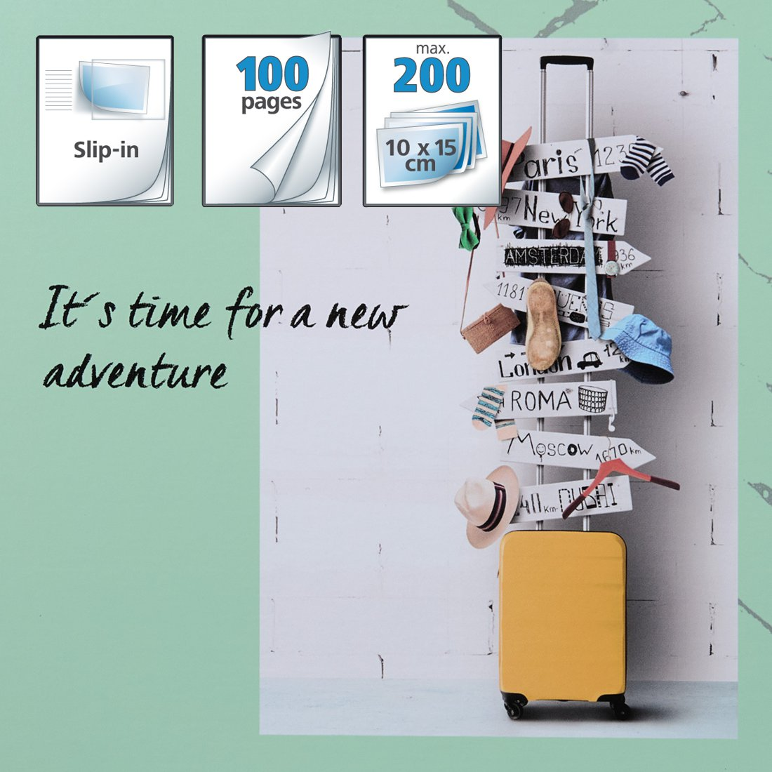 Żółta walizka ze znakami kierunkowymi i tekstem 'It's time for a new adventure.'