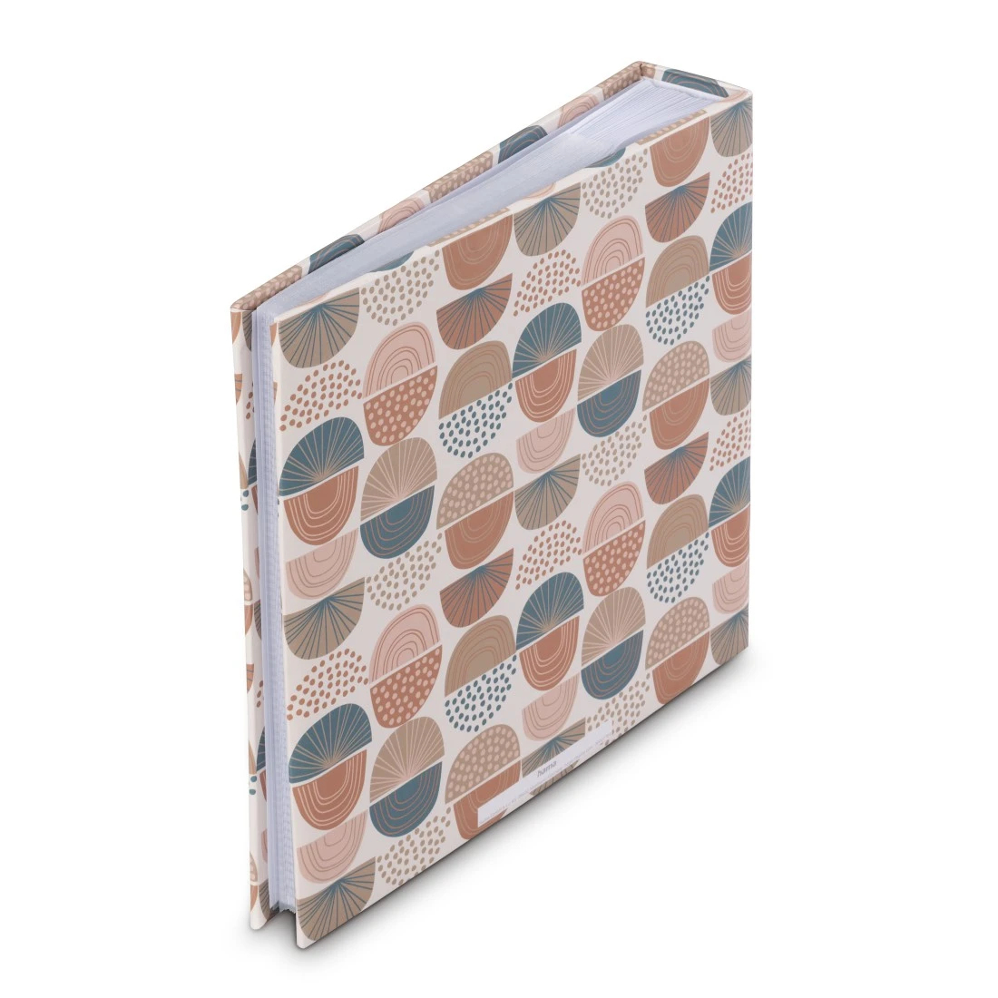 Album z geometrycznym wzorem półkoli w odcieniach brązu, błękitu i różu.