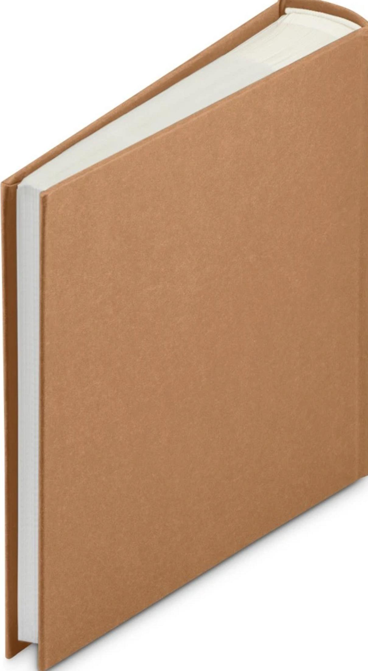 Brązowy notatnik leży na białym tle.