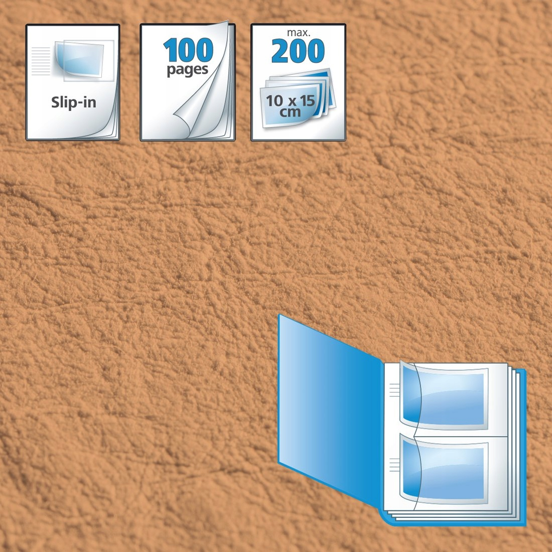 Otwarty niebieski album na zdjęcia z dwoma pustymi miejscami na brązowej, teksturowanej powierzchni.