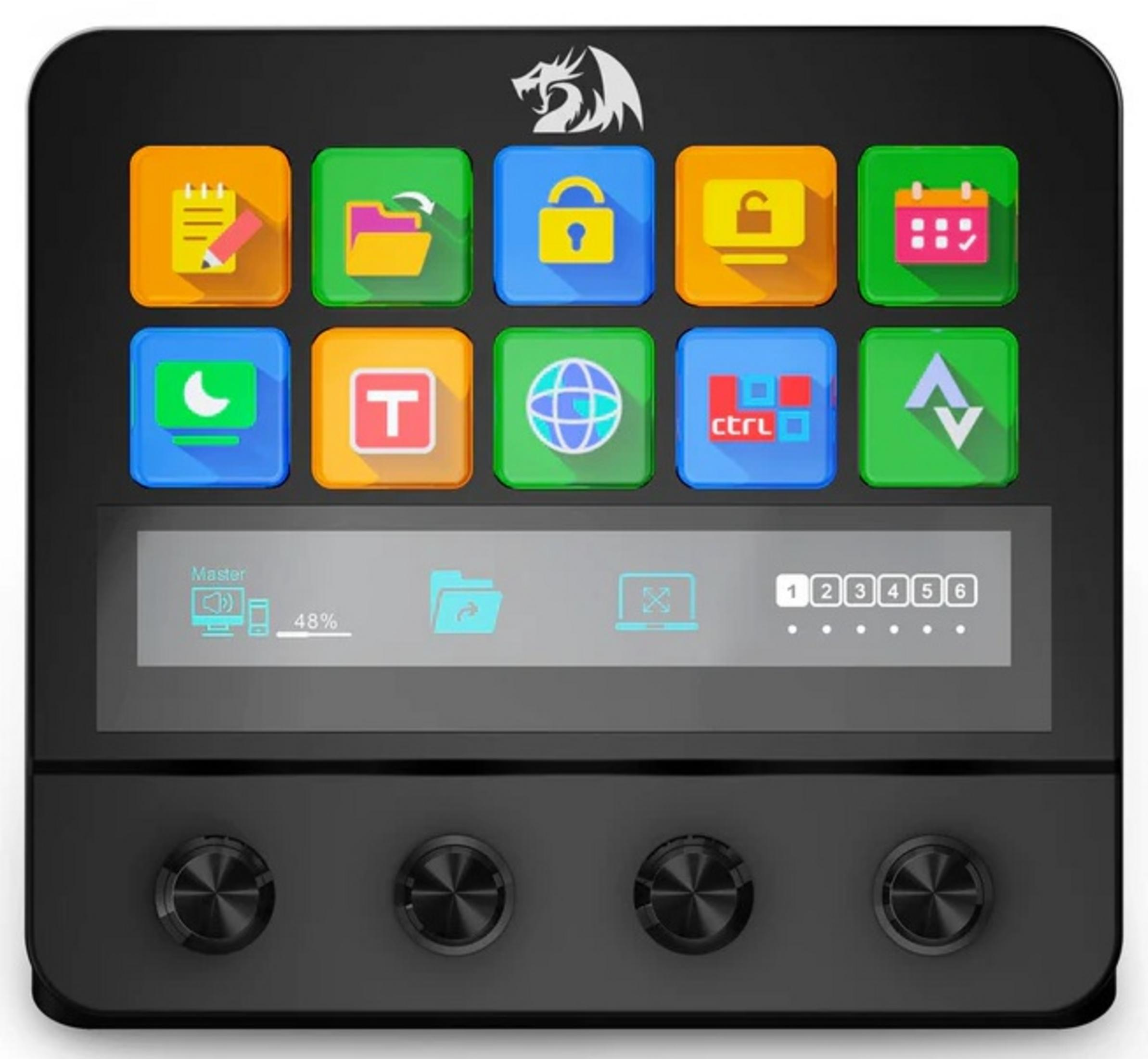 Un pannello di controllo nero con icone e touchscreen. Quattro manopole in basso.